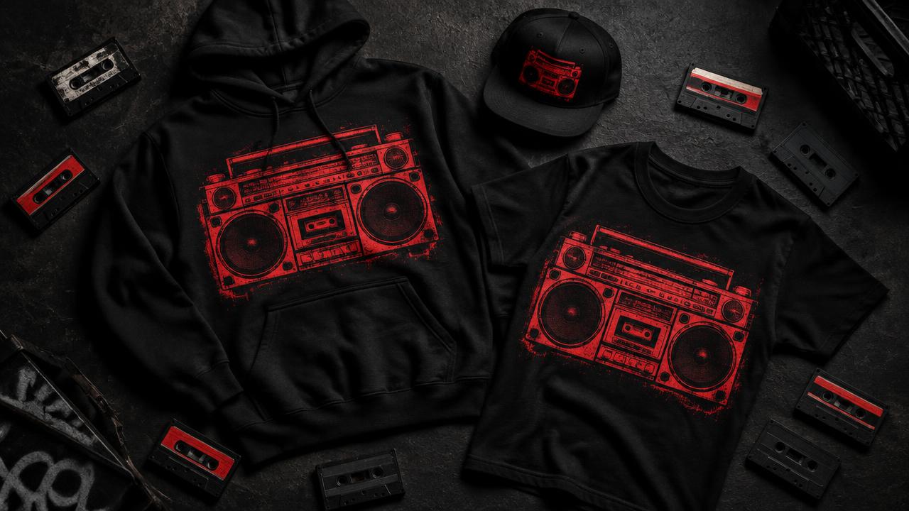 Boombox merch preview: hoodie, tee and cap